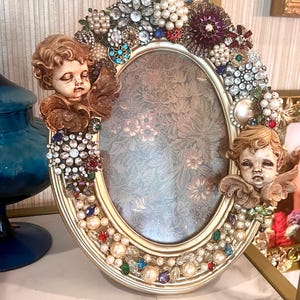 Mixed media porcelain Cherubs and rhinestone jewelry Picture Frame: handcrafted and one of a kind!