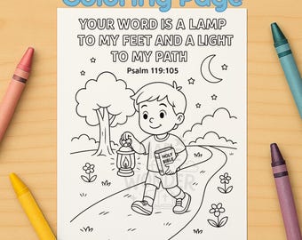 Peut inclure: Une page à colorier en noir et blanc avec le texte "Coloring Page" en haut. La page présente une illustration de dessin animé d'un enfant portant une lanterne et une Bible, marchant sur un chemin. Le texte "YOUR WORD IS A LAMP TO MY FEET AND A LIGHT TO MY PATH" est également présent.