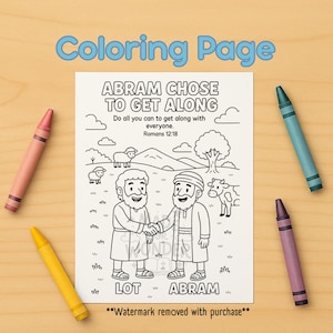以下が含まれることがあります： 「ABRAMは仲良くすることを選んだ」というテキストとローマ人への手紙12:18の聖書の言葉が書かれた、白黒の塗り絵。2人の男性が握手し、羊、牛、木が描かれています。ピンク、イエロー、ティール、パープルのクレヨンがページを囲んでいます。