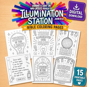 Könnte beinhalten: Eine Sammlung von schwarz-weißen Bibel-Malvorlagen mit dem Text "Illumination Station" und "Jesus ist das Licht". Die Seiten zeigen verschiedene Illustrationen, darunter Glühbirnen, eine Discokugel und inspirierende Zitate. Das Set enthält 15 druckbare Seiten.