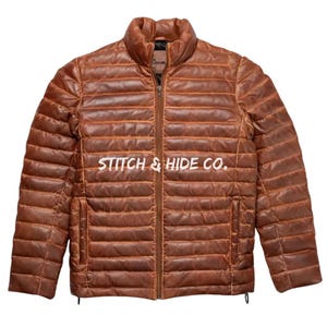 Handmade Men&#39;s Antique Bomber Puffer Fully Quilted Genuine Sheepskin Brown Leather Jacket| Best Gift for him