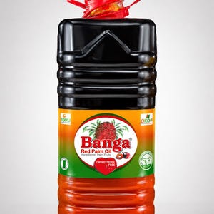 May include: A large, rectangular, dark-colored plastic bottle containing Banga Red Palm Oil. The bottle features a bright red screw-top cap with a handle. The label displays the text Banga, Red Palm Oil, and Cholesterol Free with a palm fruit graphic.