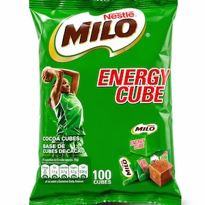 May include: A green plastic bag of Nestle Milo Energy Cube cocoa snacks. The packaging features the Milo logo, the text Energy Cube, and an illustration of a person playing basketball. It displays nutritional information and 100 cubes total.
