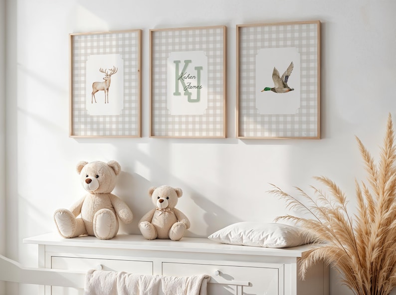 brown gingham custom name boy wall art