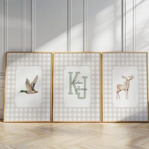 Tan gingham vintage hunting wall prints duck deer and name