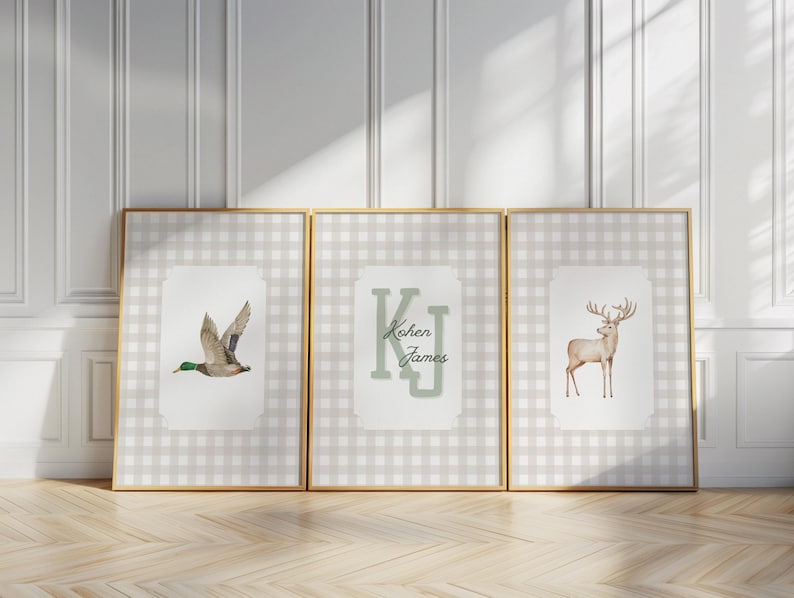 Tan gingham vintage hunting wall prints duck deer and name