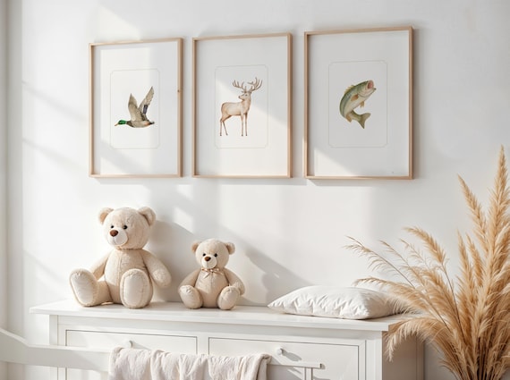Country Cottage Woodland Boys Room Wall Art Bass Fish Duck Deer Hunting Theme Nursery Wall Decor Neutral Vintage Farmhouse Baby Shower Gift