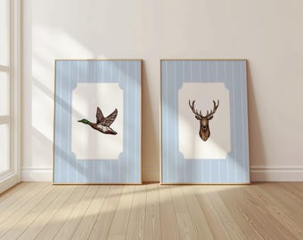 Blue Hunting Nursery Wall Art Country Vintage Hunting Posters Woodland Boys Room Decor Bass Fish Duck Deer Theme Nursery Farmhouse Baby Gift