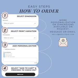 K&ouml;nnte beinhalten: Hellblaues Grafik mit dem Text &bdquo;EASY STEPS HOW TO ORDER&ldquo;. Das Bild zeigt eine Schritt-f&uuml;r-Schritt-Anleitung zur Bestellung, einschlie&szlig;lich der Auswahl von Abmessungen, Druckvarianten und dem Hinzuf&uuml;gen von Personalisierungen. Kontaktinformationen werden bereitgestellt.