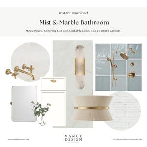 Op de afbeelding: Een moodboard voor een badkamerontwerp, met diverse armaturen en decoraties. Inclusief een ronde spiegel, een witte kast, een wandkraan, een douchekop en een hanglamp. De tekst luidt "Mist & Marble Bathroom."