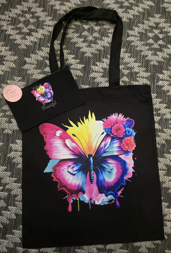 Beautifully Different Canvas butterfly Black Tote Bag with a matching Black zip Pouch Bag.