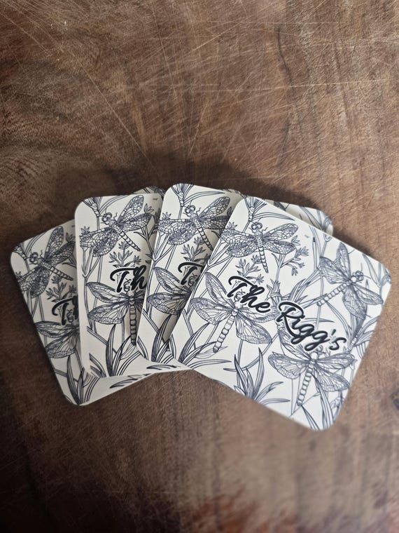 Black & White Dragon Fly Personalized Set of 4 Coasters.