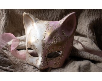 Elegant Pink Lace Cat Mask with Pearl Accents Pink Fancy Dress Mask - Cat Carnival Mask - Finely Hand  main image 2