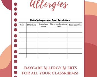 Editable Child Allergy List Template: Daycare Classroom PDF