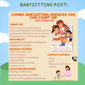 babysitting services flyer babysitter service flyer babysitting flyer template babysitting services canva templateinstant download