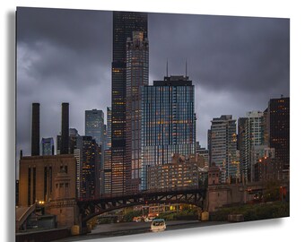 Chicago Cityscape Photo From Ferry At Sunset With Bridge And Modern Buildings Wall Art Urban Architecture Print Misty Evening Decor