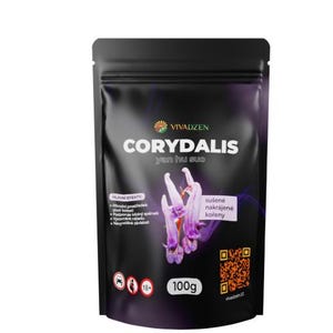 Puede incluir: Una bolsa negra con el texto "VIVADZEN CORYDALIS yan hu suo" y una ilustración floral morada. La bolsa también incluye el texto "sušené nakrájené kořeny" y "100g".