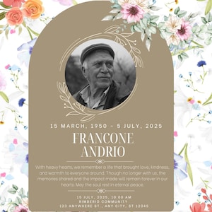 May include: A memorial card with a photo of a man in a cap, framed by a floral design. The card includes the dates 1950-2025, the name Francone Andrio, and a message of remembrance. The background features a floral pattern.