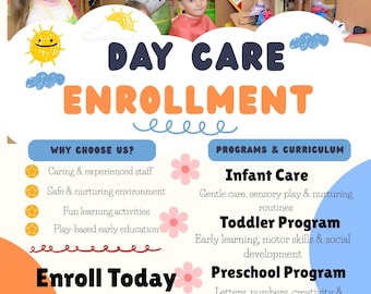 Enrollment Flyer Template Editable Canva | Now Enrolling Poster | Daycare School Open House