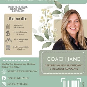 May include: A promotional flyer for Coach Jane, a certified holistic nutritionist and wellness advocate. The flyer features text including 'Refresh Your Mind and Body', 'What we offer', and contact details, alongside a portrait of a woman.