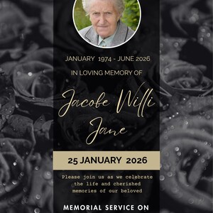 Puede incluir: Una tarjeta de anuncio de servicio conmemorativo con un retrato circular de una persona mayor en la parte superior. El texto dice: JANUARY 1974 - JUNE 2026, IN LOVING MEMORY OF Jacobe Willi Jane, 25 JANUARY 2026, MEMORIAL SERVICE ON, Edwardstree union plave, +1 5632148995.