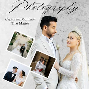 May include: A promotional image for wedding photography featuring a couple in formal attire. The text reads "WEDDING Photography, Capturing Moments That Matter." Includes sample photos and contact information for Brook Waker, photographer.