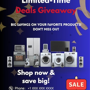 May include: A promotional graphic with a blue background and gold star accents. Text reads "Limited-Time Deals Giveaway" and "Shop now & save big!". Images of appliances are displayed, including a refrigerator, washing machines, and a microwave.