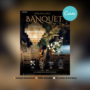 Może przedstawiać: Plakat promocyjny na wydarzenie bankietowe. Projekt przedstawia duży żyrandol, stoły nakryte do formalnej kolacji oraz tekst "BANQUET Night". Dodatkowy tekst zawiera "Natychmiastowe pobieranie" i "100% edytowalne".