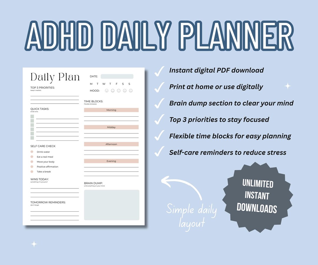 ADHD Daily Planner Printable | Digital PDF Download | Brain Dump ...
