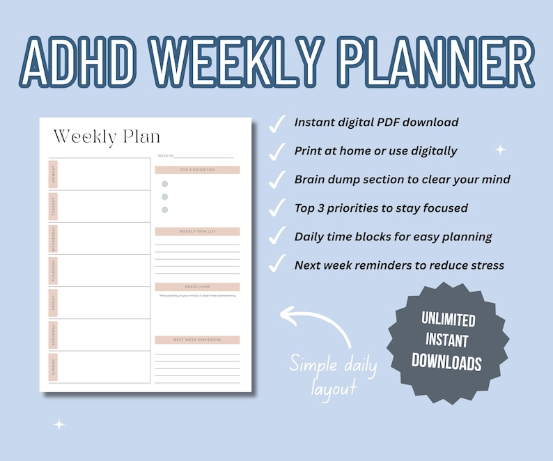 ADHD Weekly Planner Printable | Digital PDF Download | Brain Dump ...