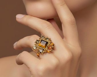Vintage 18K Gold Plated Tiger Eye Statement Ring, Adjustable Crystal Ring