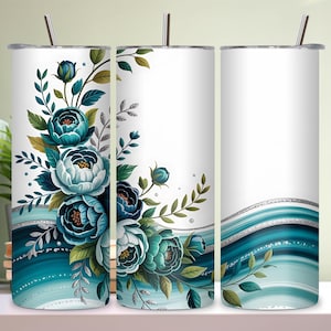 Teal Aqua Floral Tumbler Wrap PNG, Seamless 20oz Skinny Tumbler Sublimation Design, Straight Tumbler Wrap, Blue Flower PNG, Digital Download