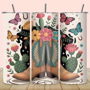 Western Cowgirl Boots Tumbler Wrap PNG20oz Skinny Sublimation Design Cactus and Flowers Tumbler Wrap Country Western Tumbler DigitalDownload