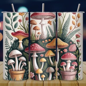 Vintage Botany Mushroom Tumbler Wrap PNG 20oz Skinny Sublimation Design Red Cap Mushrooms Wildflowers Floral Nature Tumbler Digital Download