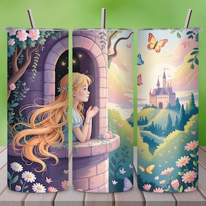3D Rapunzel Blumen Tumbler Wrap PNG - Niedliche Prinzessin 20oz Skinny Sublimation Design - Gerader Tumbler Wrap Download