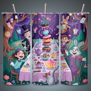Alice in Wonderland Tumbler Wrap PNG, Mad Hatter Tea Party 20oz Skinny Sublimation Design Fantasy Tumbler Template PNG File Digital Download