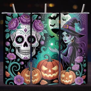 40oz Halloween Tumbler Wrap PNG, Spooky Witch Sublimation Design, 40 oz Skinny Tumbler Digital Download, Halloween Wrap PNG
