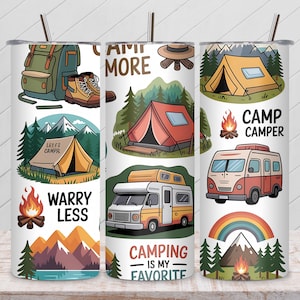 Camping Life Tumbler Wrap, Happy Camper Quote 20oz Skinny Tumbler Sublimation Design, Outdoor Adventure Campfire PNG, Camper Gift Digital
