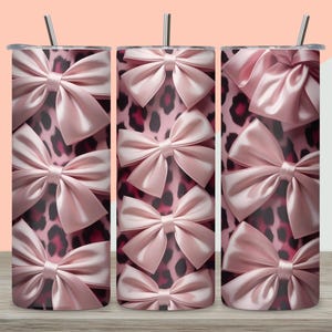 Roze coquette strik beker wrap png, glitter luipaard print 20oz mager sublimatieontwerp, girly roze strik beker, naadloze girly meisjesstijl