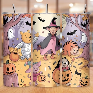 Cartoon Bear Halloween Tumbler Wrap PNG, Trick or Treat 20oz Skinny Sublimation Design, Cute Bear Spooky Season Digital Download