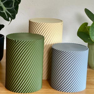 Può includere: Tre contenitori cilindrici in verde oliva, crema e azzurro, ciascuno con un design a coste a spirale. I contenitori sono disposti su una superficie di legno, con piante verdi sullo sfondo. I contenitori hanno un coperchio.