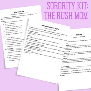 Puede incluir: Un documento en papel blanco titulado "Sorority Kit: The Rush Mom" con texto morado. El documento incluye consejos sobre qué no decir, antes del reclutamiento y el día de la oferta. El texto es negro.