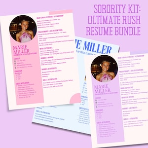 Può includere: Un set di curriculum vitae rosa e bianchi, con la foto di una donna. Il testo recita "Sorority Kit: Ultimate Rush Resume Bundle" e include informazioni su istruzione, esperienza lavorativa e competenze.