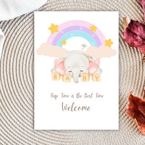Tarjeta de bienvenida para bebé, tarjeta imprimible de elefante con arcoíris, tarjeta para baby shower, tarjeta de felicitación para recién nacido, tarjeta de género neutro.