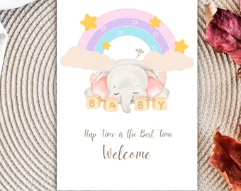 Printable Elephant Baby Card, Rainbow Welcome Greeting, Neutral Design for Baby Shower PDF