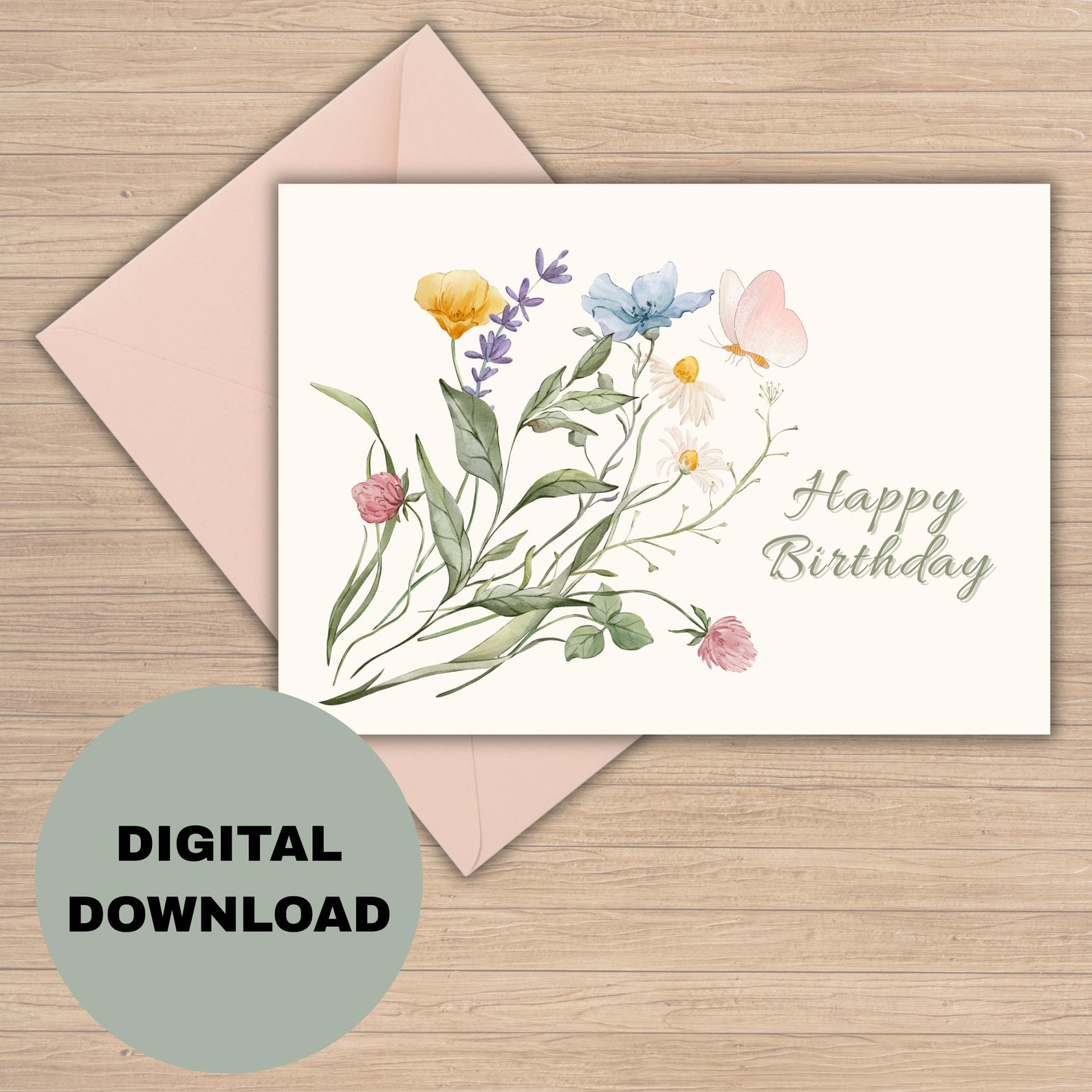 Floral Happy Birthday Card Printable, Elegant Wildflower Greeting Card ...