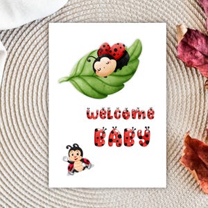 Tarjeta de bienvenida imprimible, saludo de mariquita para baby shower, plegable (13 x 18 cm) PDF, tarjeta para recién nacido (niña o niño), bienvenida del pequeño, linda tarjeta para bebé.