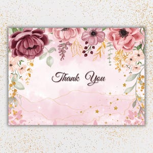 Bloemenbedankkaart, elegante groet met aquarelbloemen voor vrouw, moeder, zus, vriend, leraar, afdrukbaar briefpapier, esthetische kaart