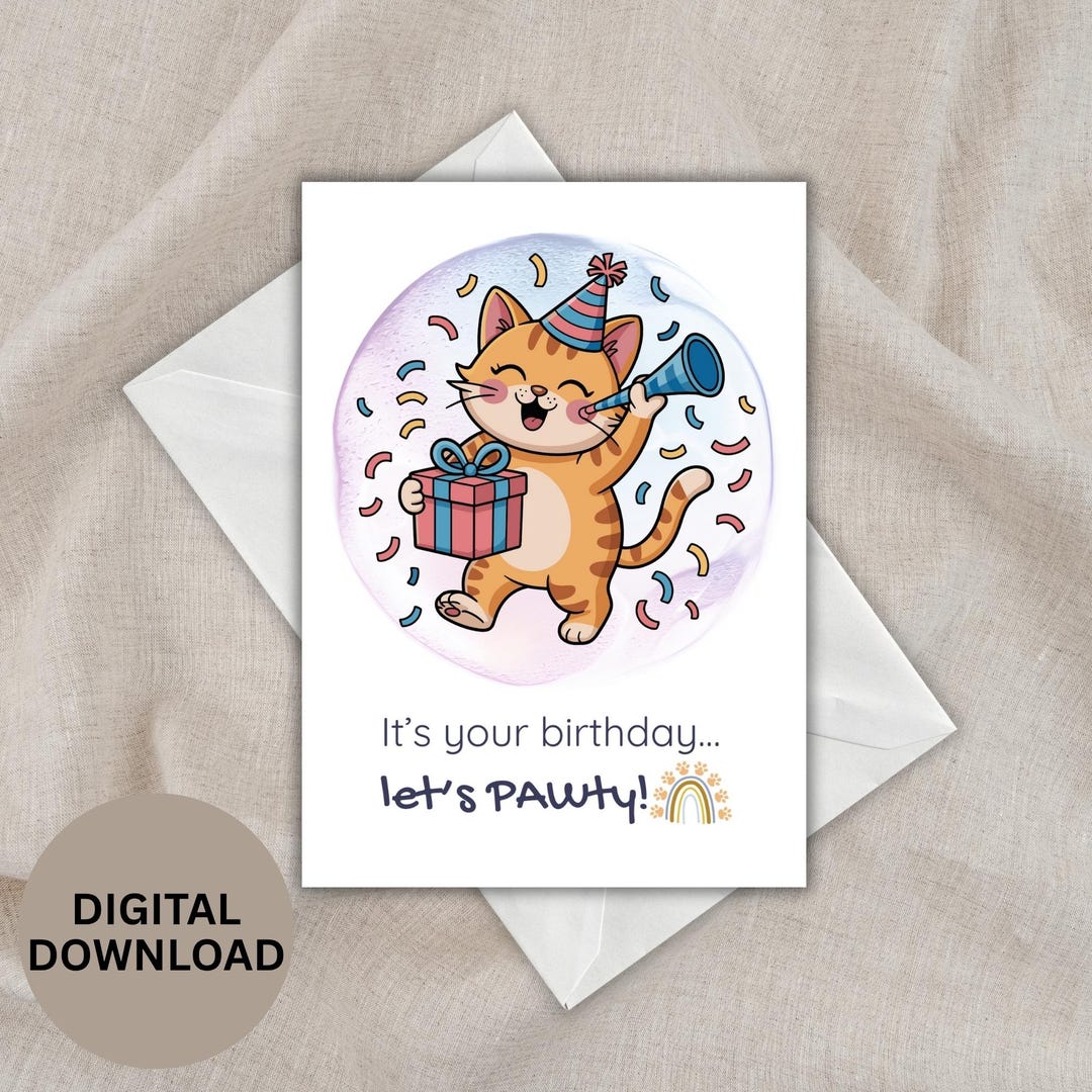 Funny Cat Birthday Card Printable, 5x7 Foldable Greeting for Cat Lovers ...