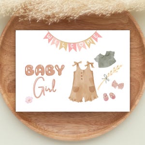 Tarjeta imprimible para bebé niña, saludo plegable de bienvenida o baby shower, PDF digital de 5 x 7 pulgadas, felicitaciones para recién nacida, bienvenida pequeña